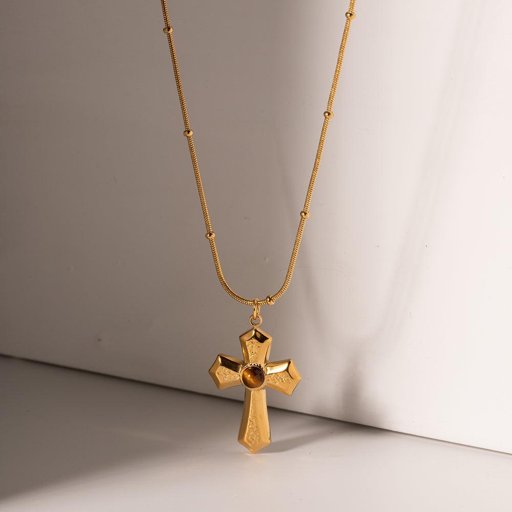 क्रॉस टाइगर आई स्टोन नेकलेस