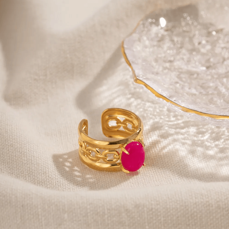 गहरे अंडाकार गुलाबी क्रिस्टल आकार बदलने योग्य अंगूठी