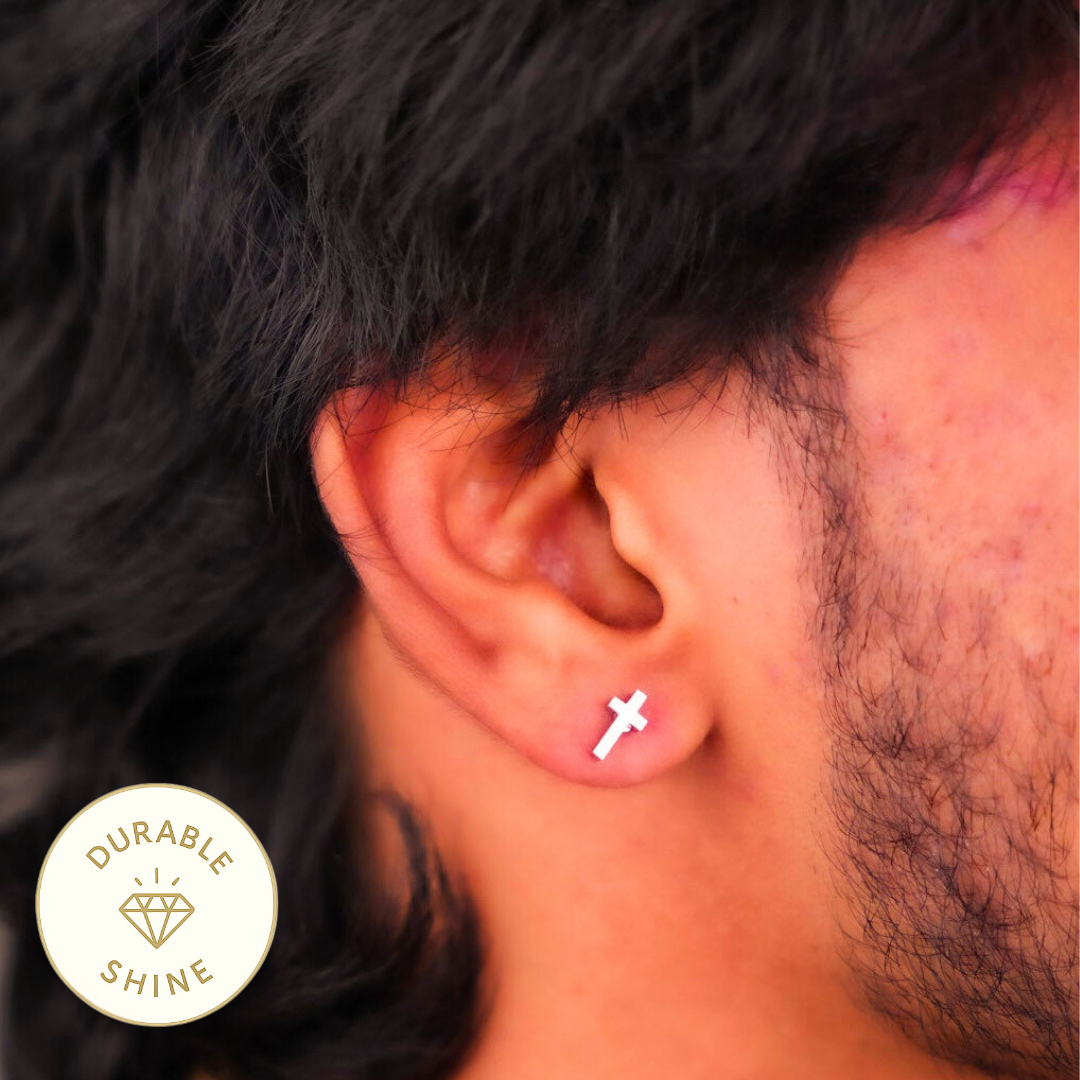 Cross Stud Earring - Silver Tone