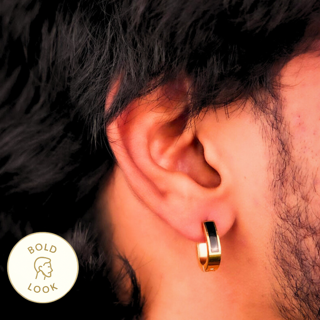 Oval Black Hoop Earring - Gold