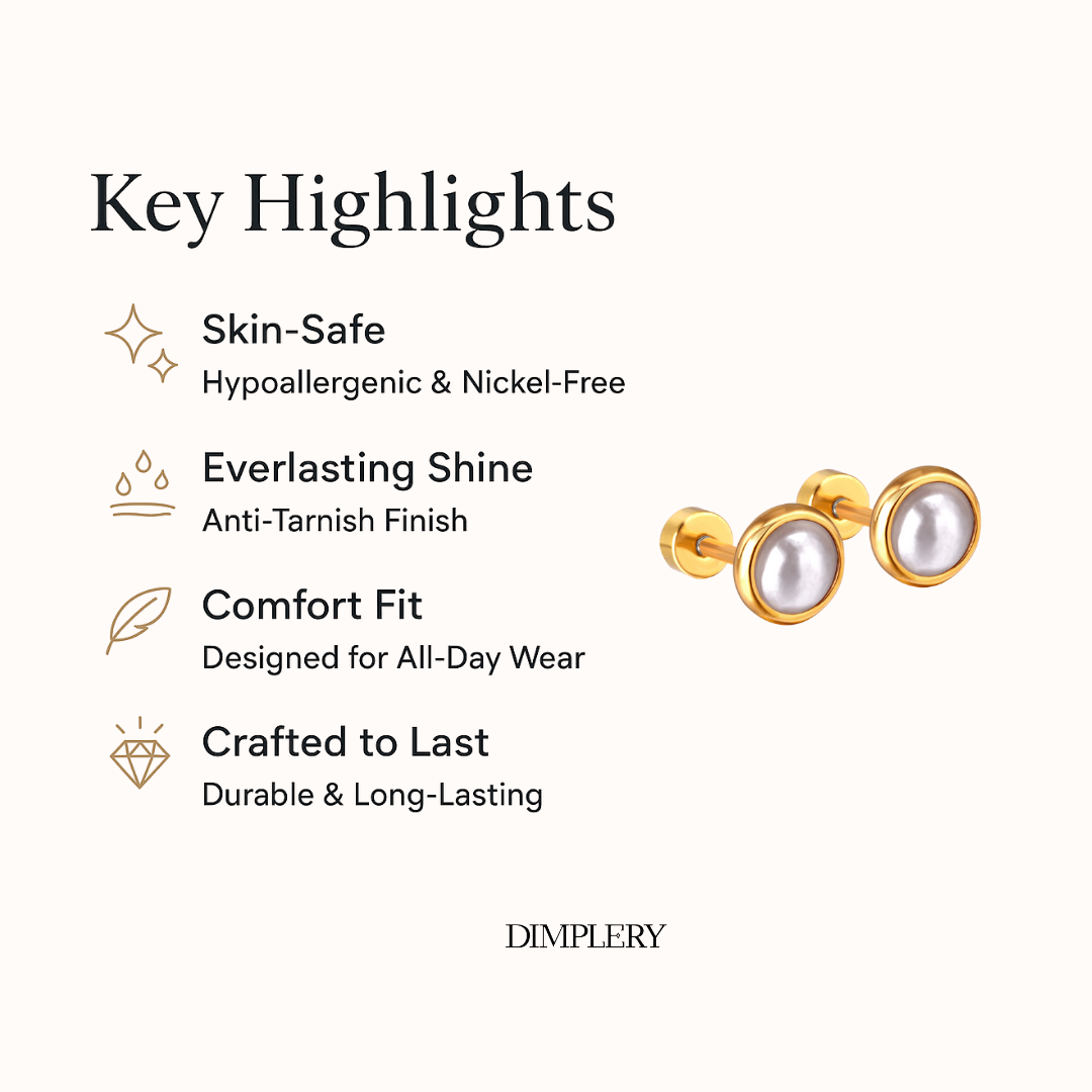 गोल्डन पर्ल लुमिना स्टड इयररिंग्स - 8 MM