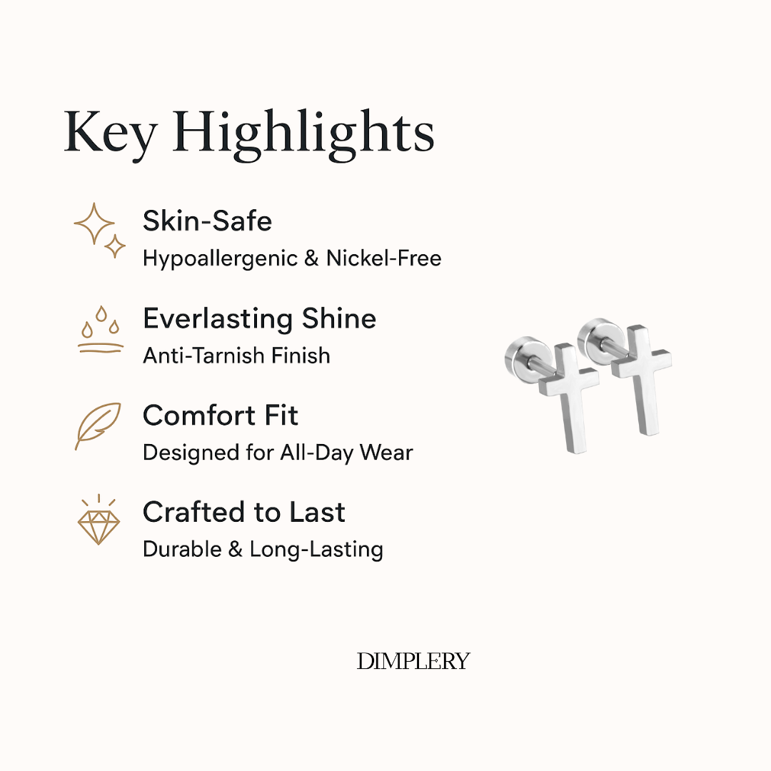 Cross Stud Earring - Silver Tone