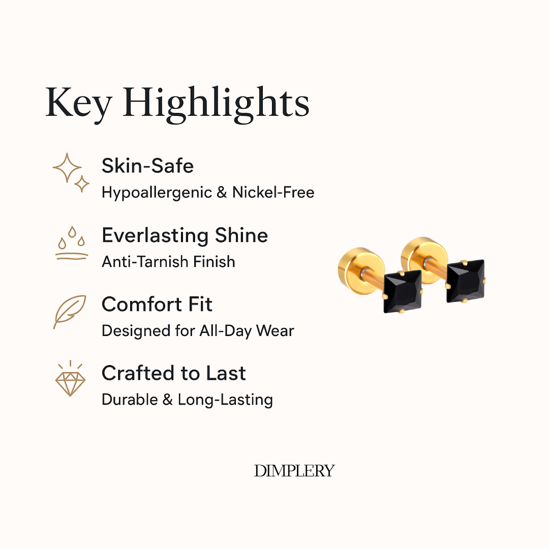 चौकोर काले स्टड इयररिंग्स - सोना