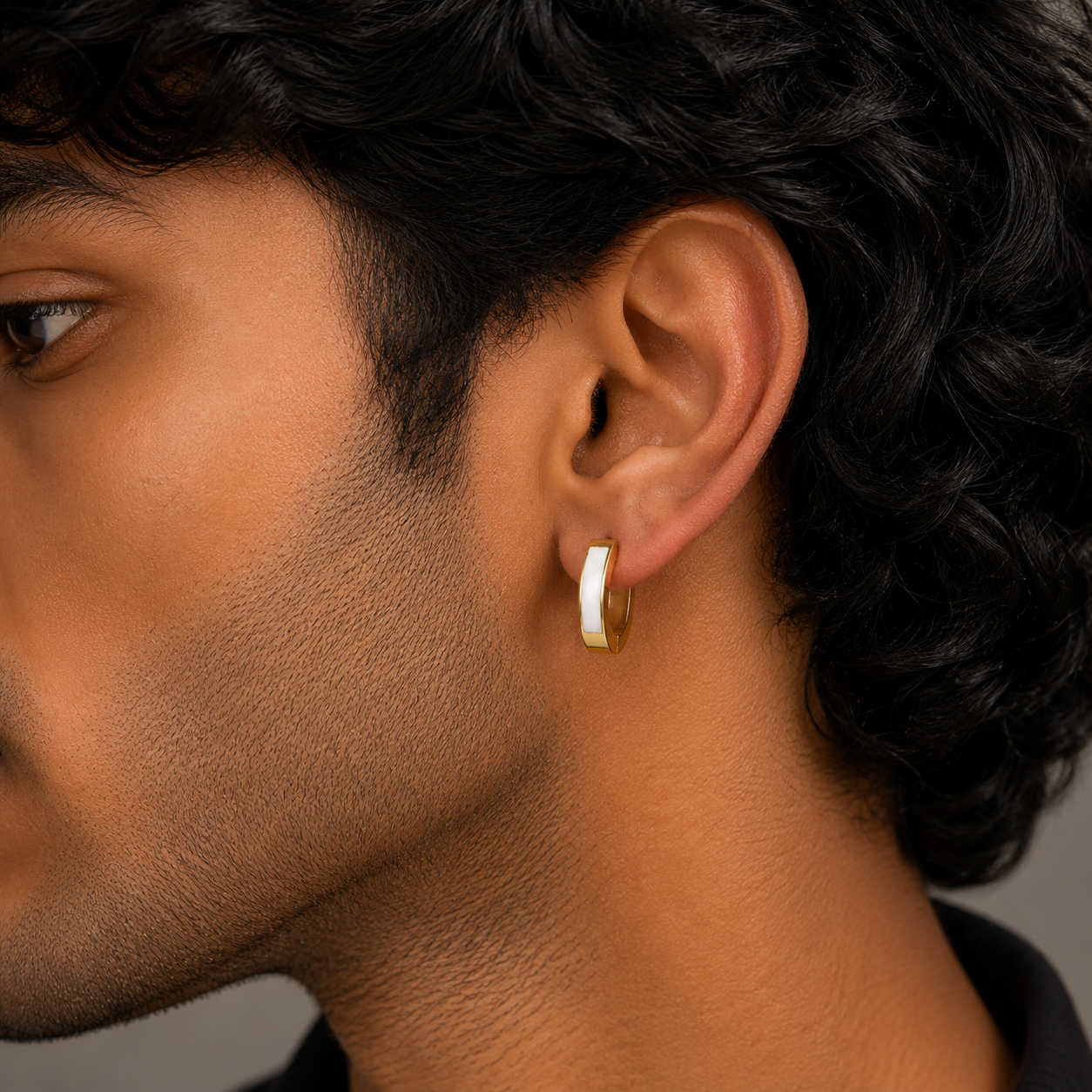 Oval White Hoop Earring - Gold