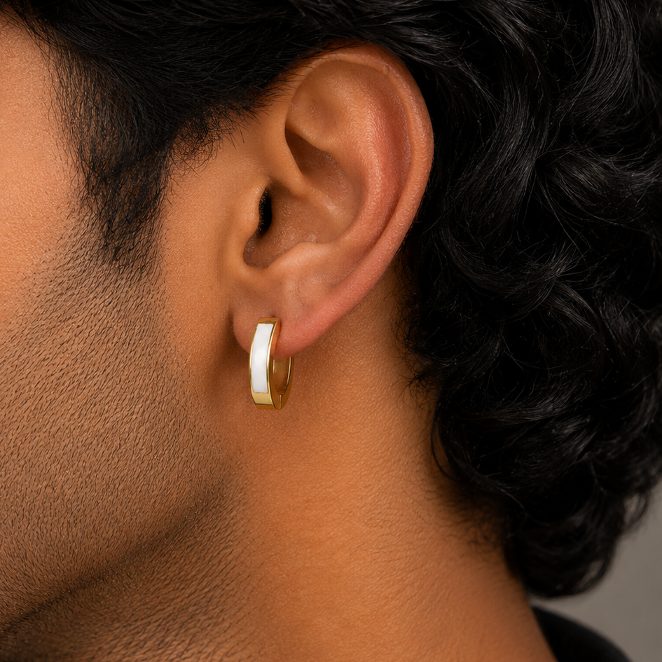 Oval White Hoop Earring - Gold