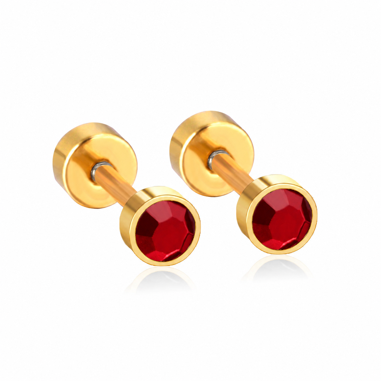 Red Stone Bolt Stud Earring  - 3 MM