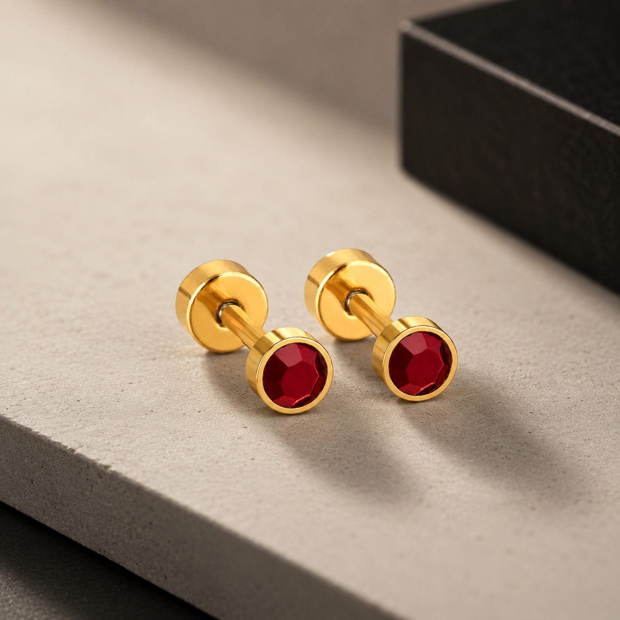 Red Stone Bolt Stud Earring  - 3 MM