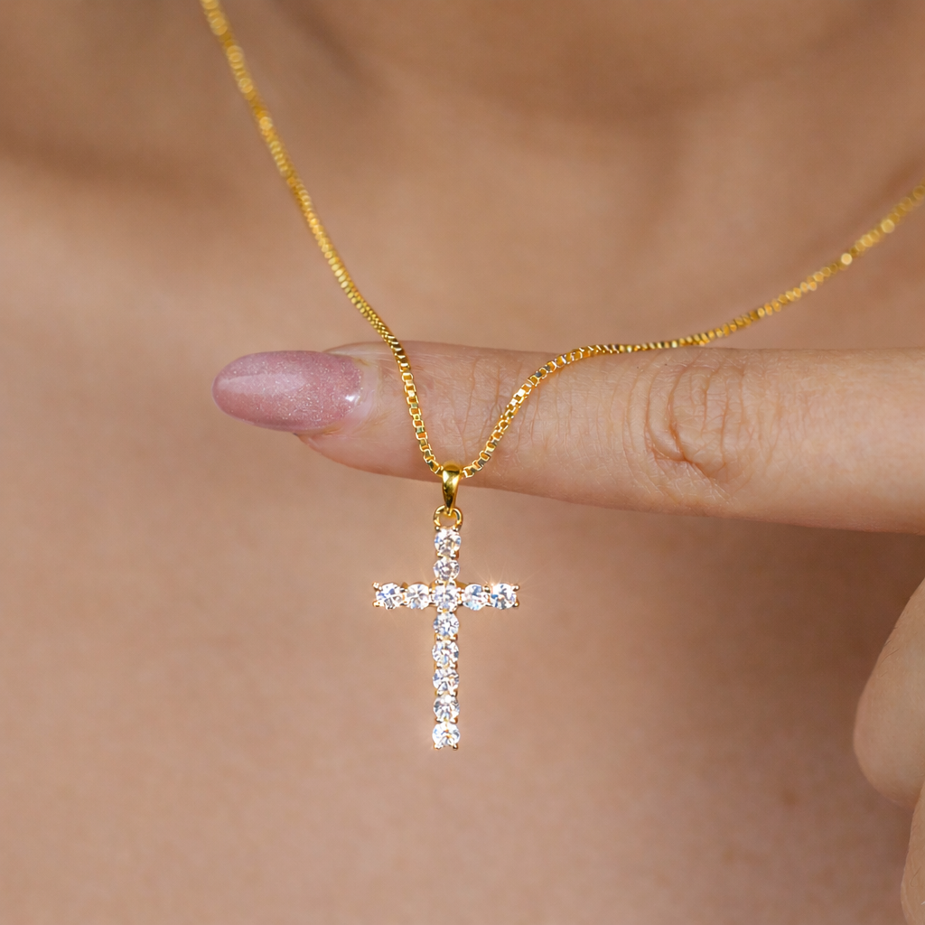 925 Silver 22kt Gold Plated Cross Zirconia Necklace