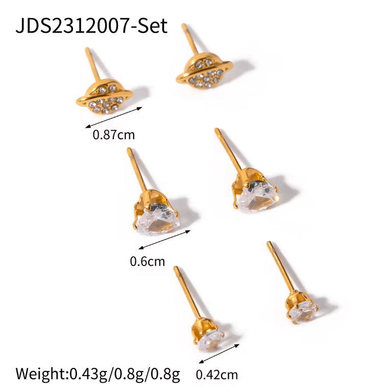 3 Earring Set - Heart & Orbit Zirconia