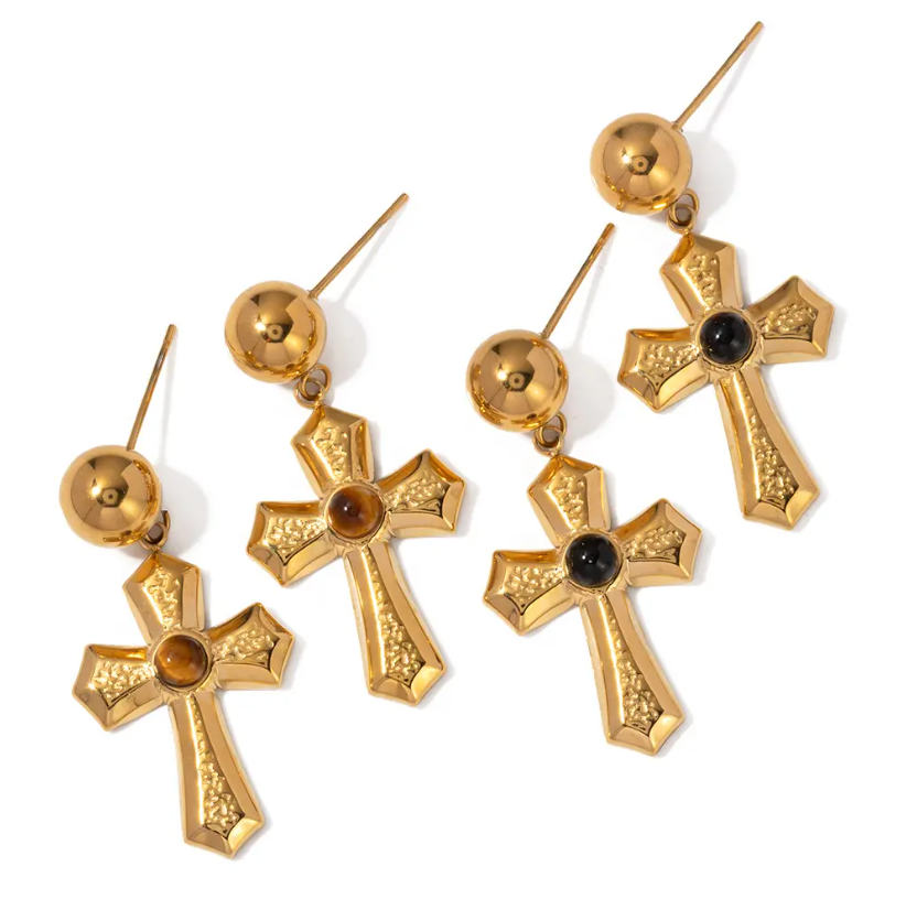 Cross Tiger Eye Stone Hanging Hoop Earring