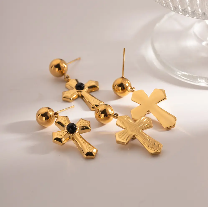 Cross Tiger Eye Stone Hanging Hoop Earring