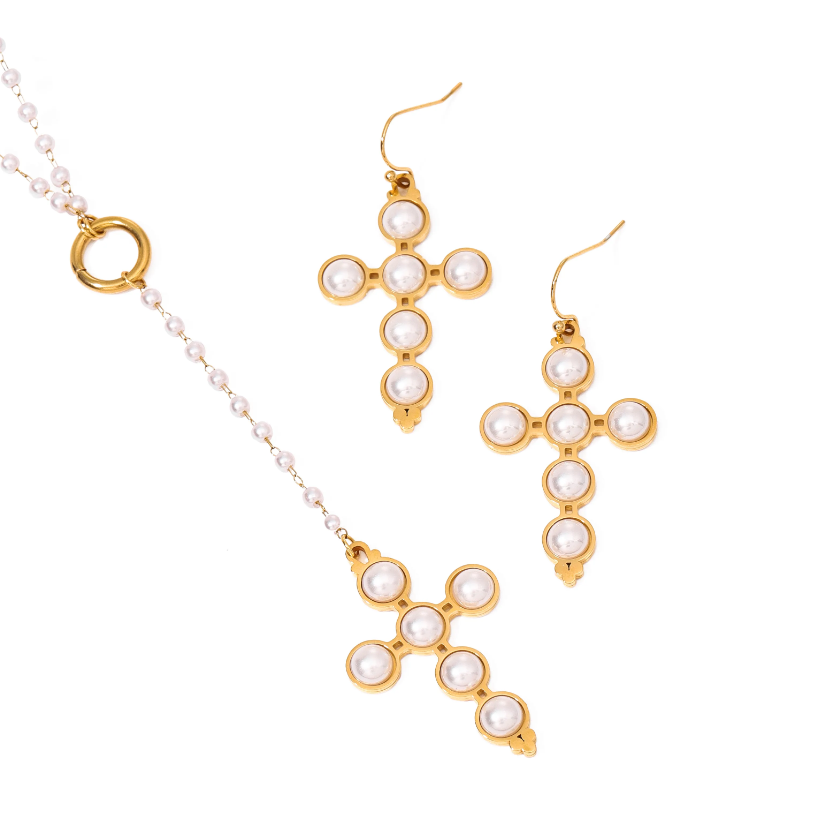 Cross Pearl Necklace & Earring