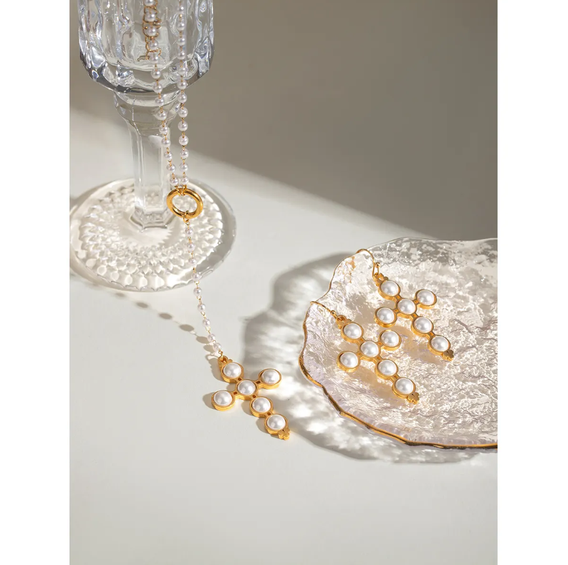 Cross Pearl Necklace & Earring