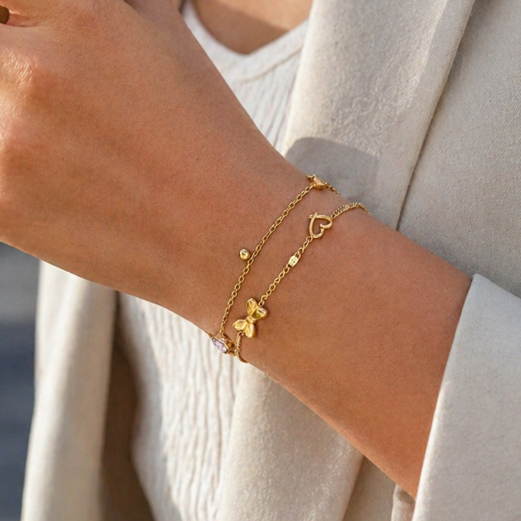 Bow Heart Layered Bracelet