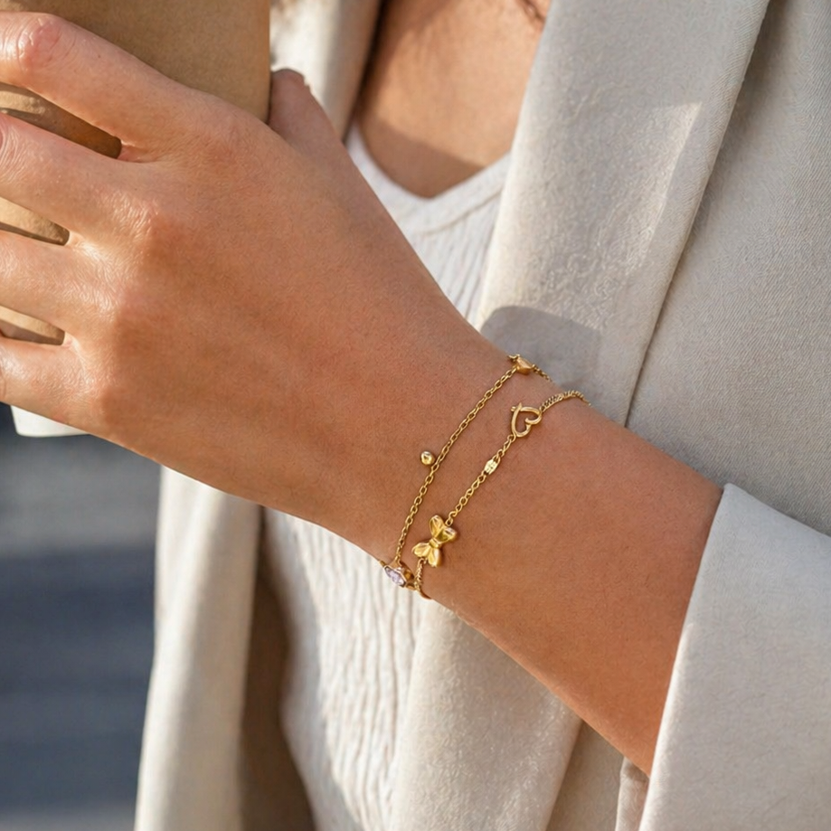 Bow Heart Layered Bracelet