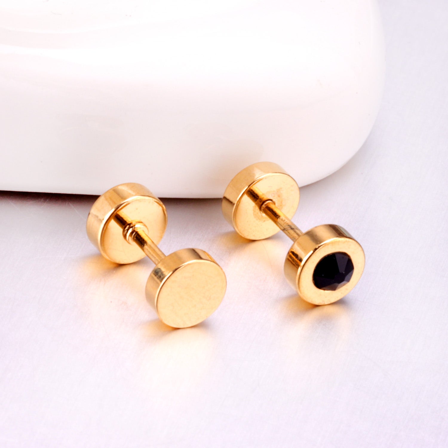 Disc Black Stud Earring - Gold