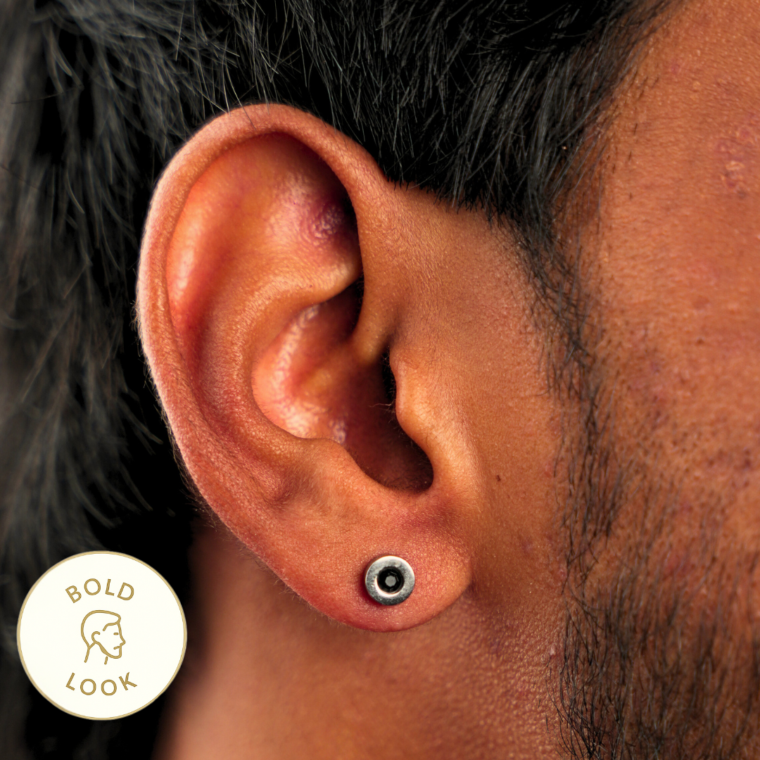 Disc Black Stud Earring - Silver