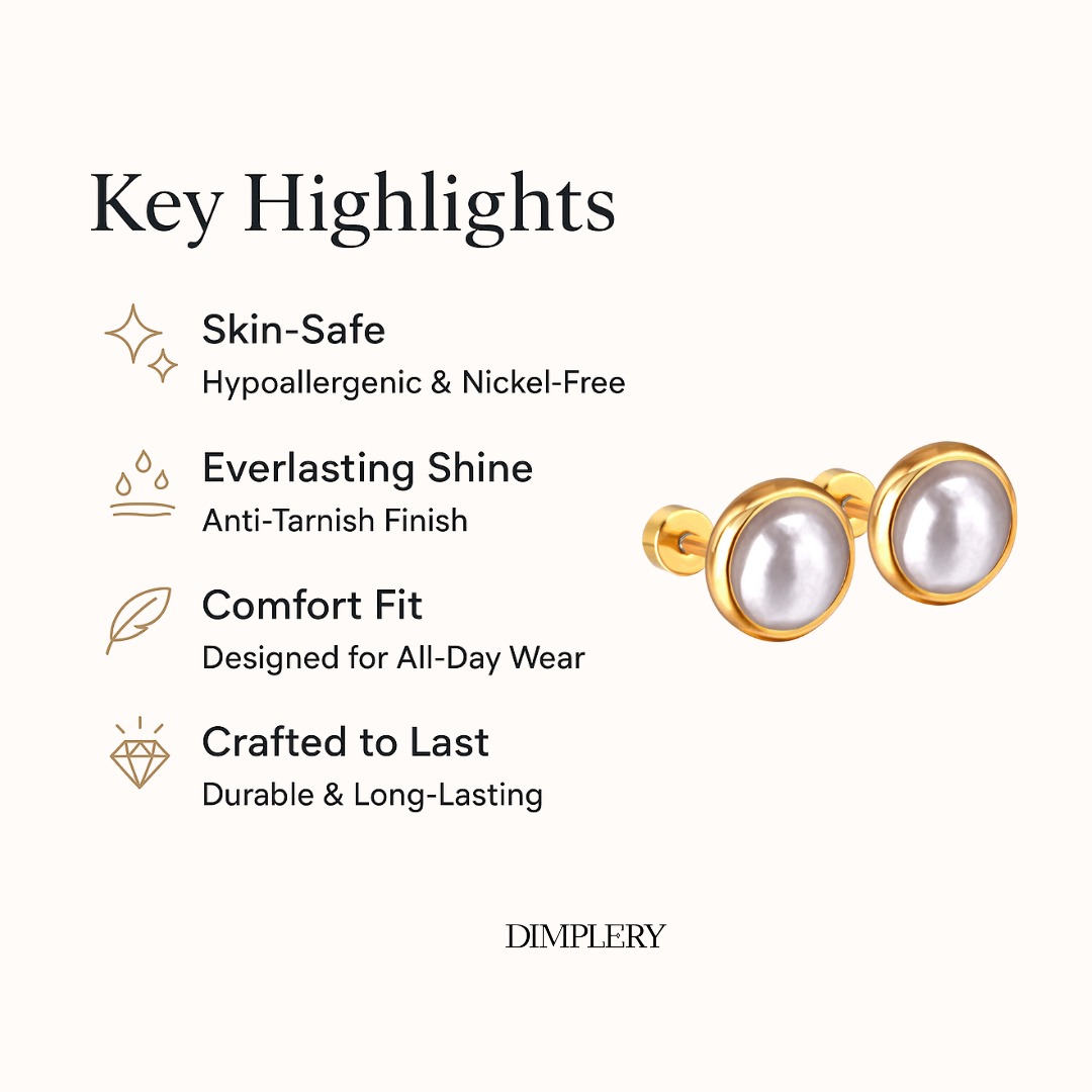 गोल्डन पर्ल लुमिना स्टड इयररिंग्स - 10 MM