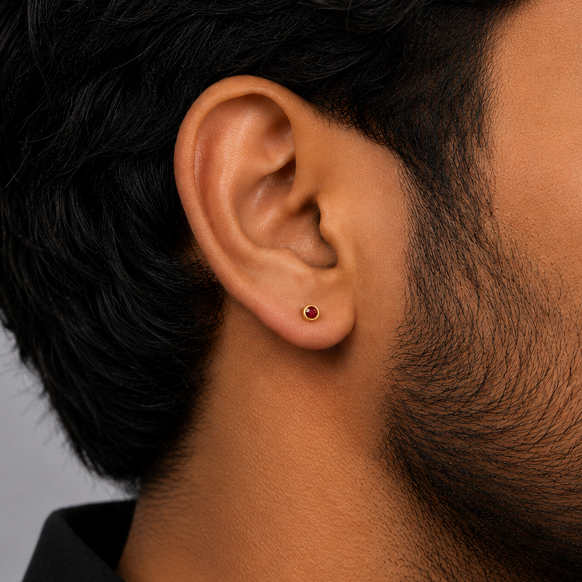 Red Stone Bolt Stud Earring  - 3 MM