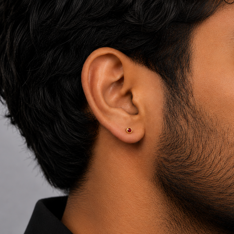 Red Stone Bolt Stud Earring  - 3 MM